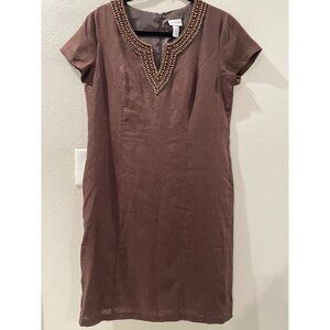 NWT CHICO’S WOMENS DRESS BROWN  SHIFT LINEN BEADED BROWN SIZE 1 WITH POCKETS